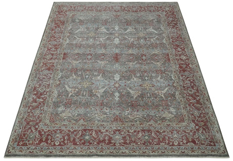 Antique Style Vintage Finish Low Pile Hand Knotted Gray, Silver and Rust Traditional Oushak Wool Rug | TRD2779
