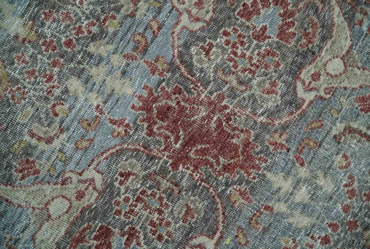 Antique Style Vintage Finish Low Pile Hand Knotted Gray, Silver and Rust Traditional Oushak Wool Rug | TRD2779