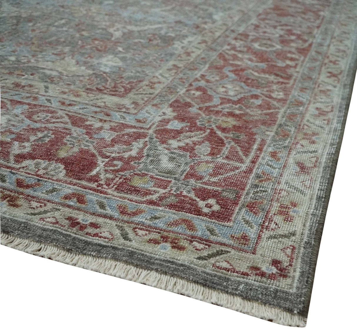 Antique Style Vintage Finish Low Pile Hand Knotted Gray, Silver and Rust Traditional Oushak Wool Rug | TRD2779