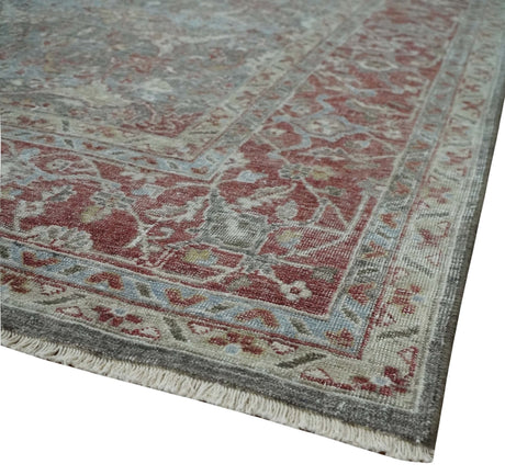 Antique Style Vintage Finish Low Pile Hand Knotted Gray, Silver and Rust Traditional Oushak Wool Rug | TRD2779