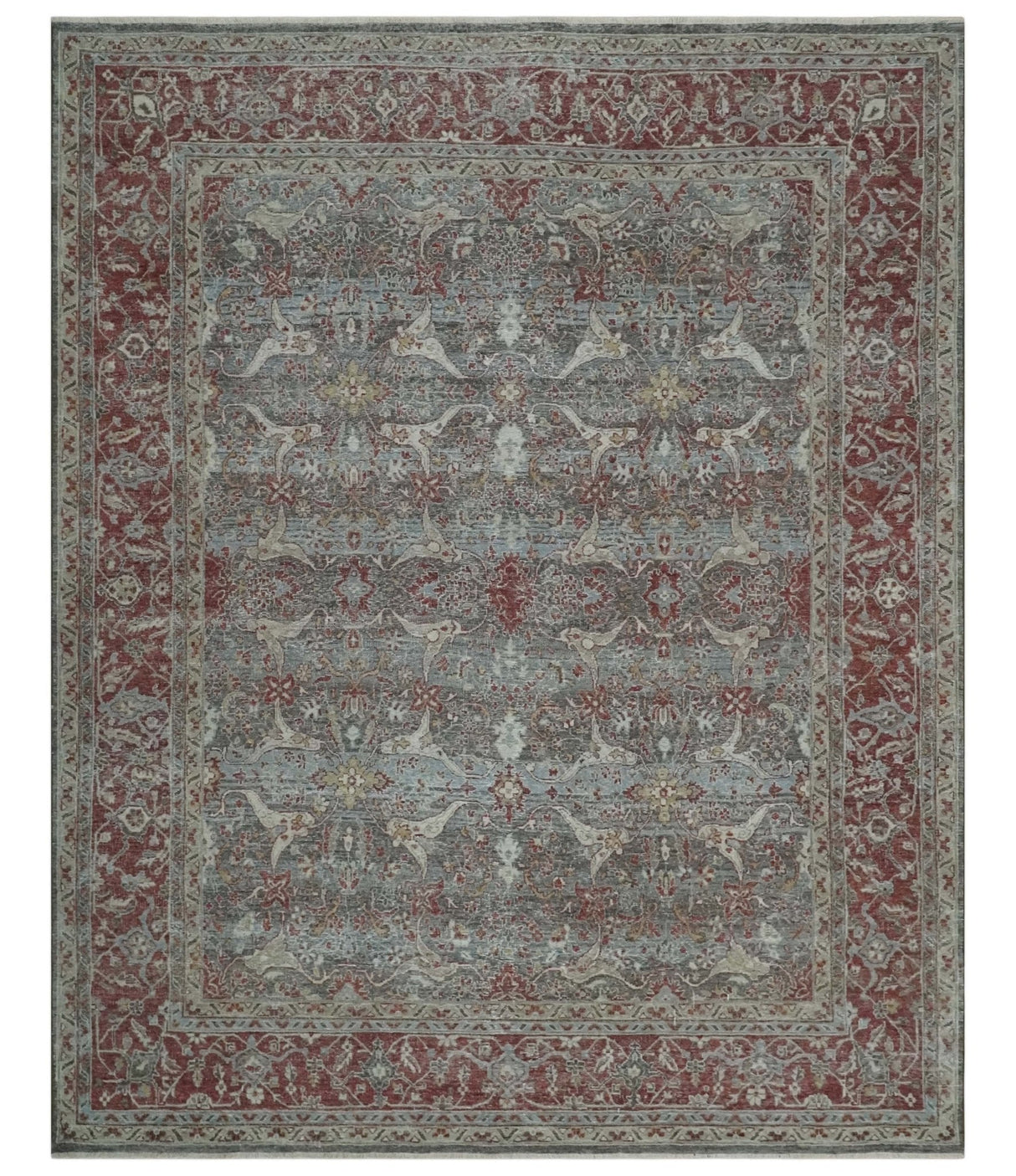 Antique Style Vintage Finish Low Pile Hand Knotted Gray, Silver and Rust Traditional Oushak Wool Rug | TRD2779