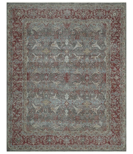 Antique Style Vintage Finish Low Pile Hand Knotted Gray, Silver and Rust Traditional Oushak Wool Rug | TRD2779