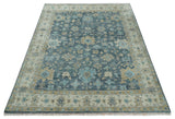 Antique Teal Blue Custom Made Hand Knotted Oriental Oushak Ivory and Beige Wool Area Rug