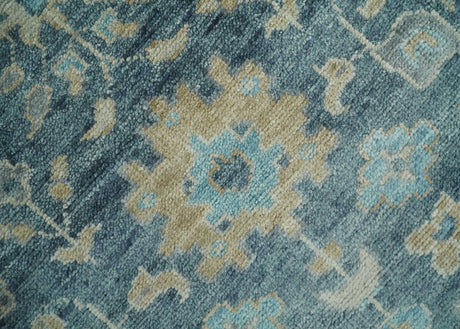Antique Teal Blue Custom Made Hand Knotted Oriental Oushak Ivory and Beige Wool Area Rug