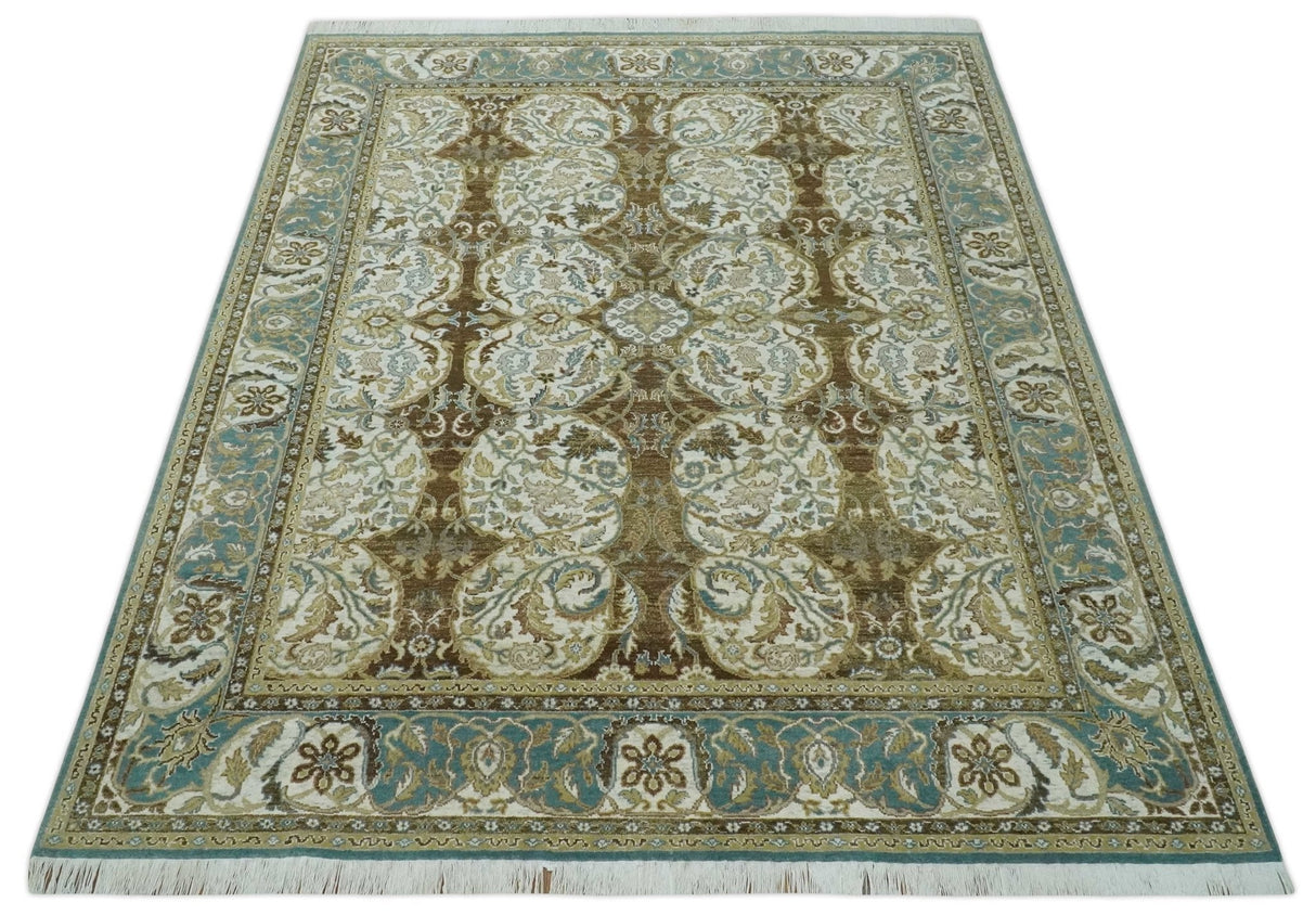 Antique Turkish 8x10 Hand Knotted Brown and Blue Wool Rug