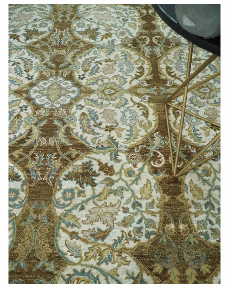 Antique Turkish 8x10 Hand Knotted Brown, Ivory and Blue Persian Rug | AC20810
