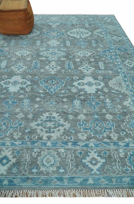 Antique Turkish Gray and Blue Hand Knotted 8x10 Wool Area Rug