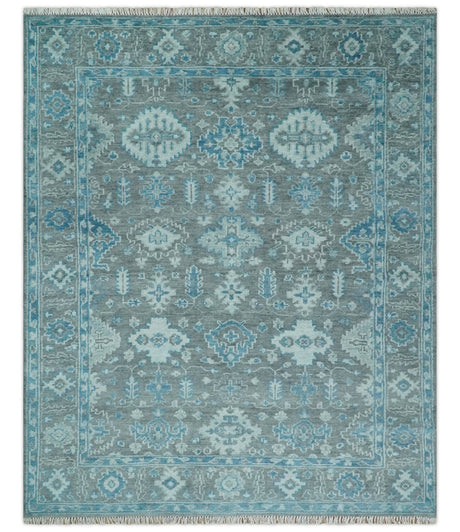 Antique Turkish Gray and Blue Hand Knotted 8x10 Wool Area Rug