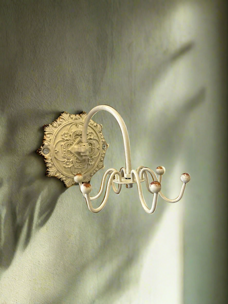 Antique White Wall Hook with Ornate Medallion Backplate-Wall Hook-Parc Decor