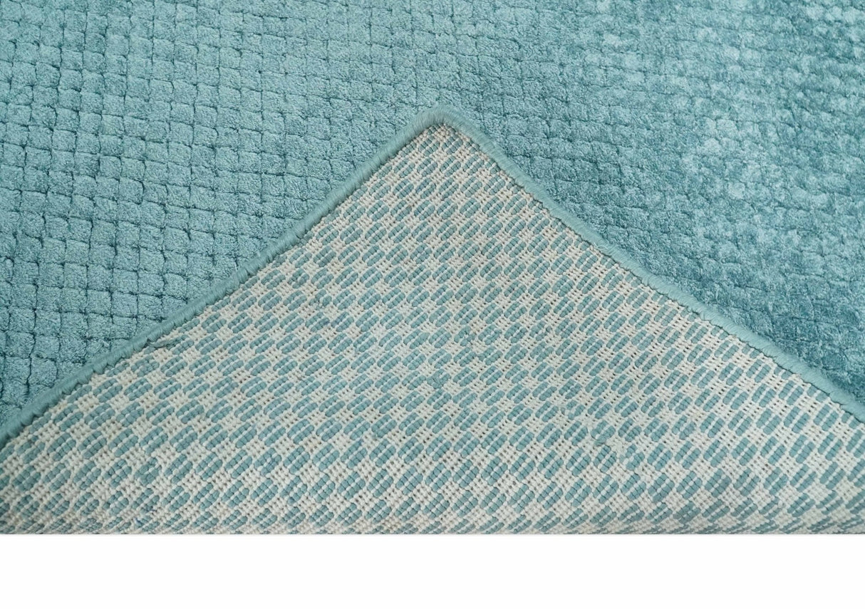 Aqua 2x4 Modern Geometrical Cross Square Hand Made Blue Art silk Area Rug | N4624-Area Rug-Parc Decor