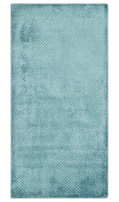 Aqua 2x4 Modern Geometrical Cross Square Hand Made Blue Art silk Area Rug | N4624-Area Rug-Parc Decor