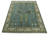 Aqua Hand Knotted Green and Ivory Traditional Turkish Vintage Style Wool Rug
