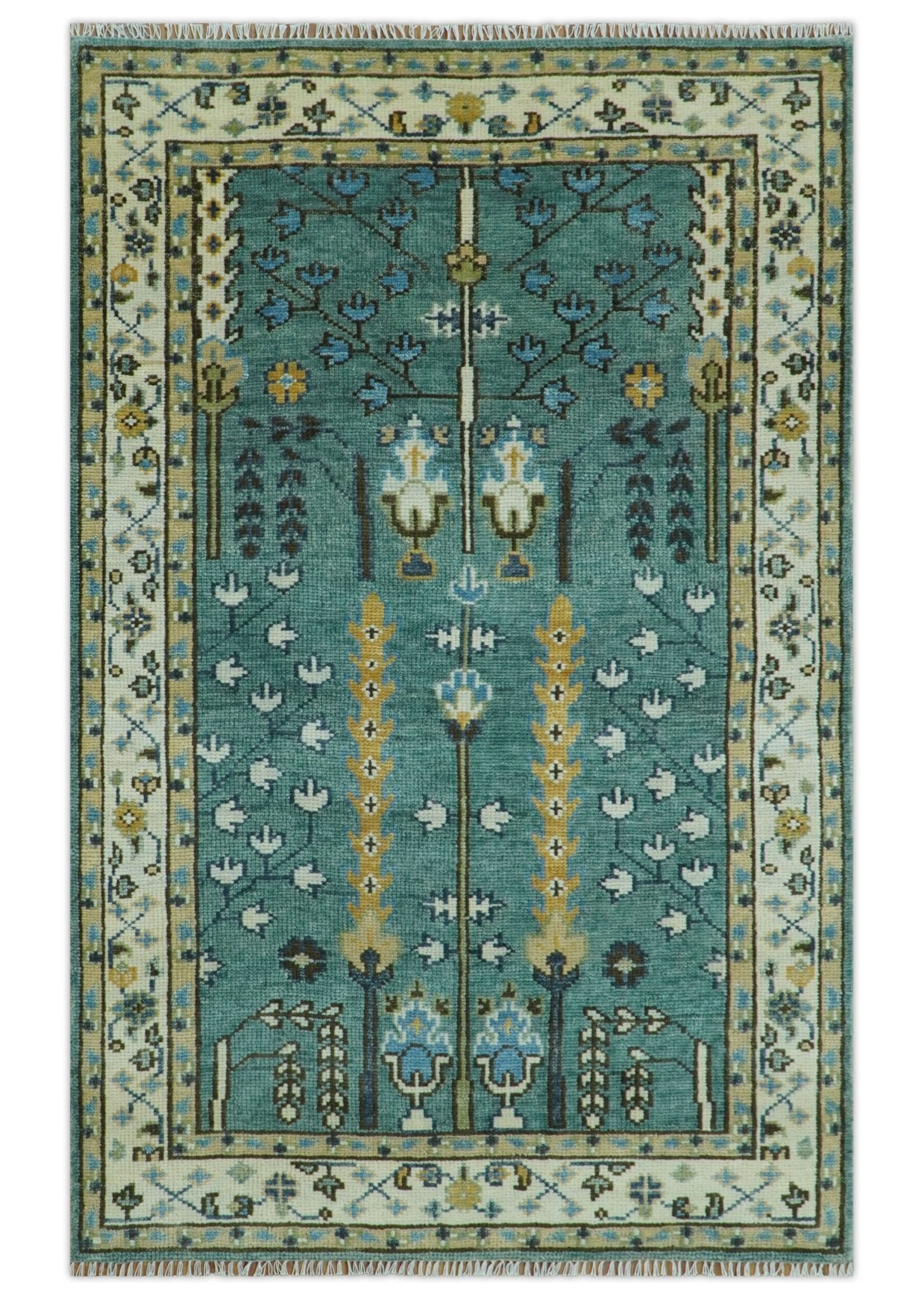 Aqua Hand Knotted Green and Ivory Traditional Turkish Vintage Style Wool Rug
