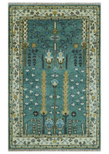 Aqua Hand Knotted Green and Ivory Traditional Turkish Vintage Style Wool Rug