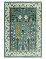 Aqua Hand Knotted Green and Ivory Traditional Turkish Vintage Style Wool Rug