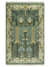 Aqua Hand Knotted Green and Ivory Traditional Turkish Vintage Style Wool Rug