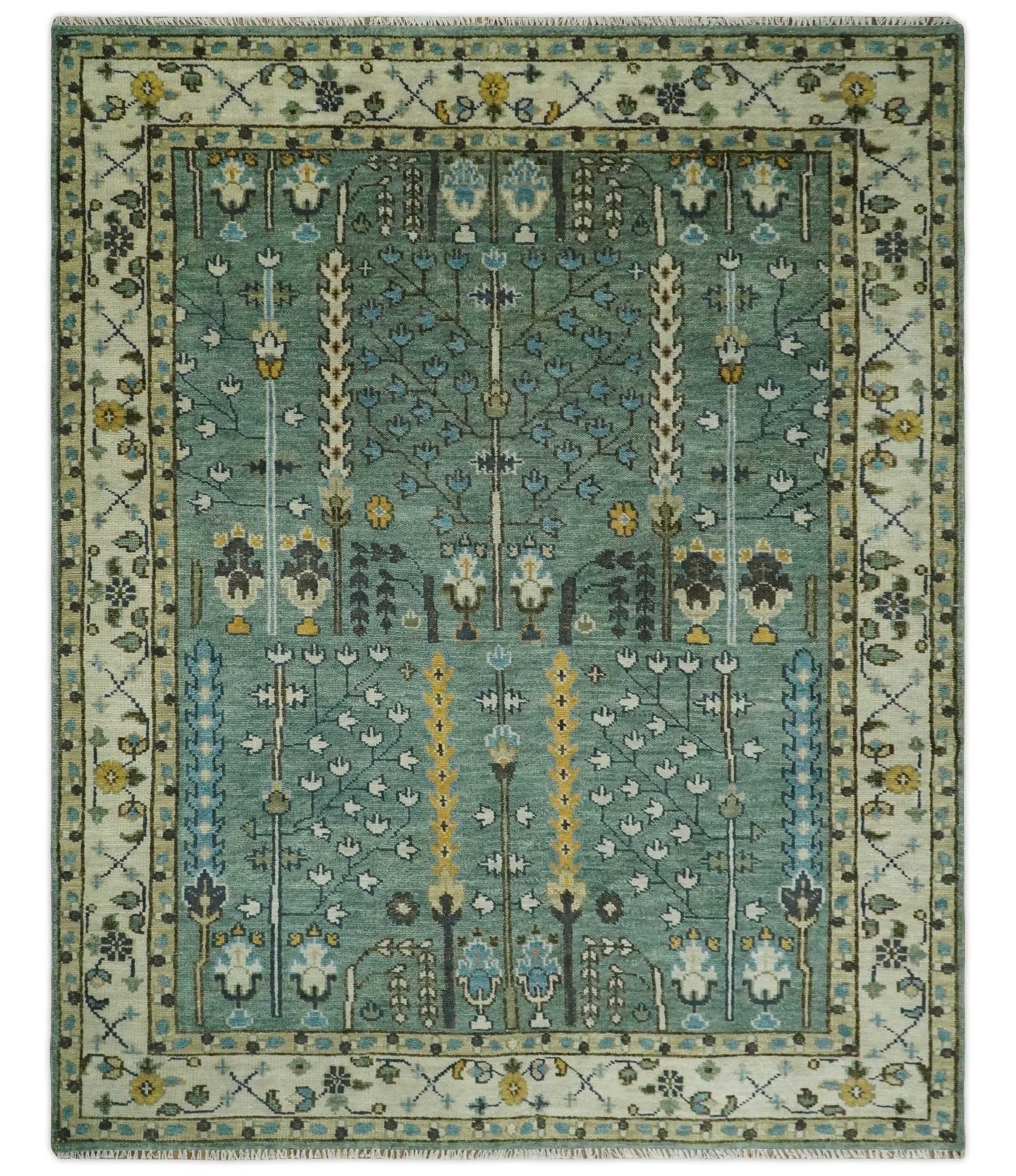 Aqua Hand Knotted Green and Ivory Traditional Turkish Vintage Style Wool Rug