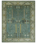 Aqua Hand Knotted Green and Ivory Traditional Turkish Vintage Style Wool Rug