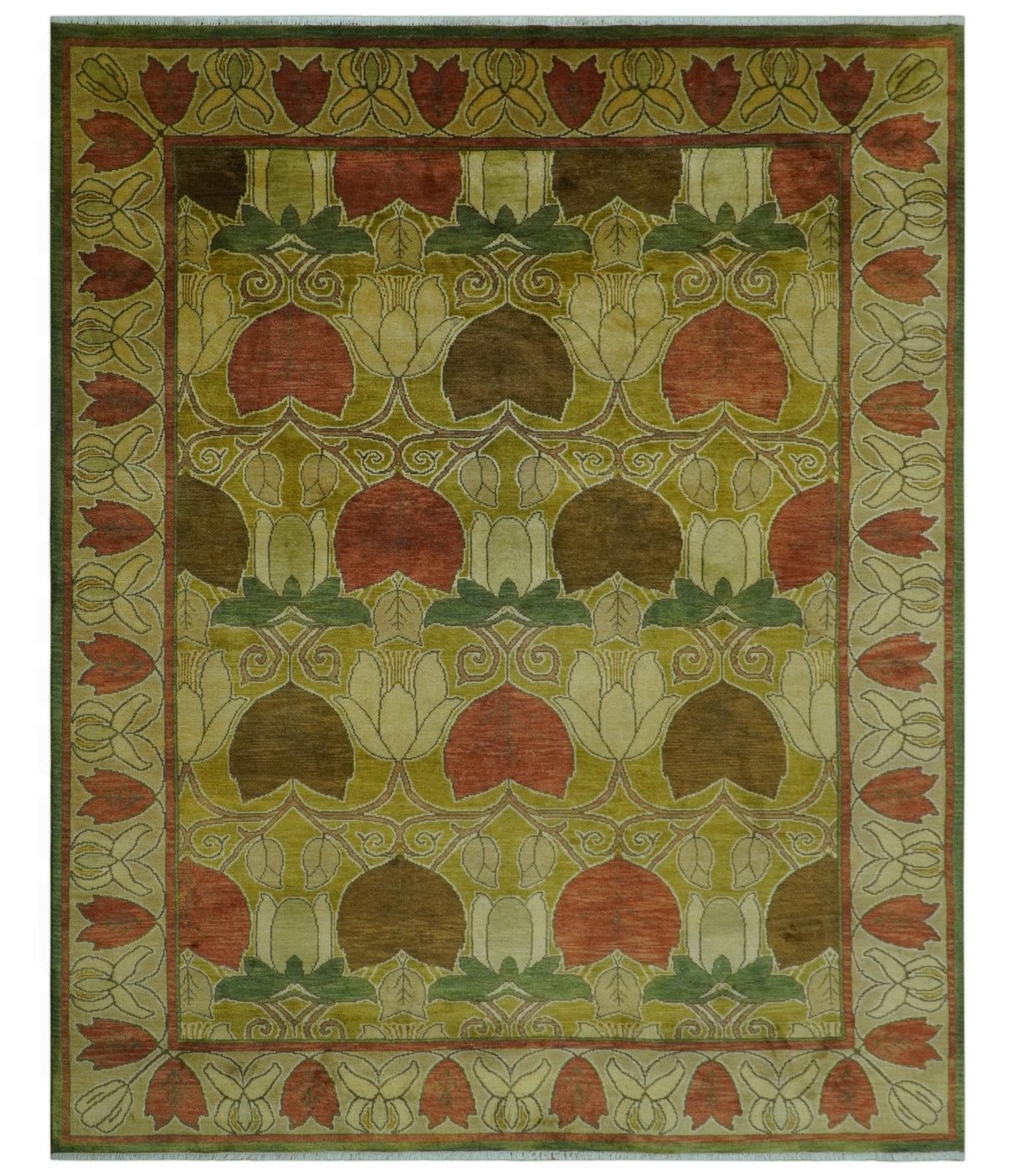 Art and Craft Design Olive Green And Brown Hand Knotted 8x10 Wool Area Rug