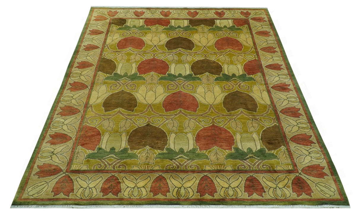 Art and Craft Design Olive Green And Brown Hand Knotted 8x10 Wool Area Rug-Area Rug-Parc Decor