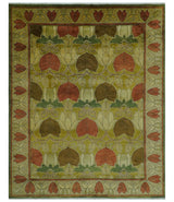 Art and Craft Design Olive Green And Brown Hand Knotted 8x10 Wool Area Rug-Area Rug-Parc Decor