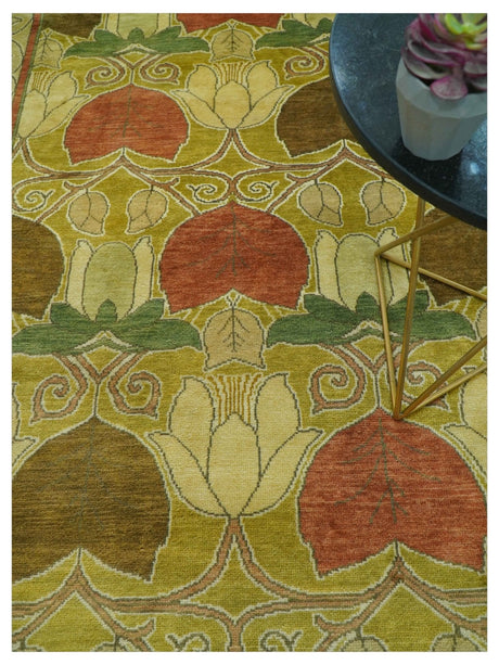 Art and Craft Design Olive Green And Brown Hand Knotted 8x10 Wool Area Rug-Area Rug-Parc Decor