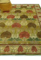 Art and Craft Design Olive Green And Brown Hand Knotted 8x10 Wool Area Rug-Area Rug-Parc Decor