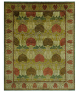 Art and Craft Design Olive Green And Brown Hand Knotted 8x10 Wool Area Rug-Area Rug-Parc Decor