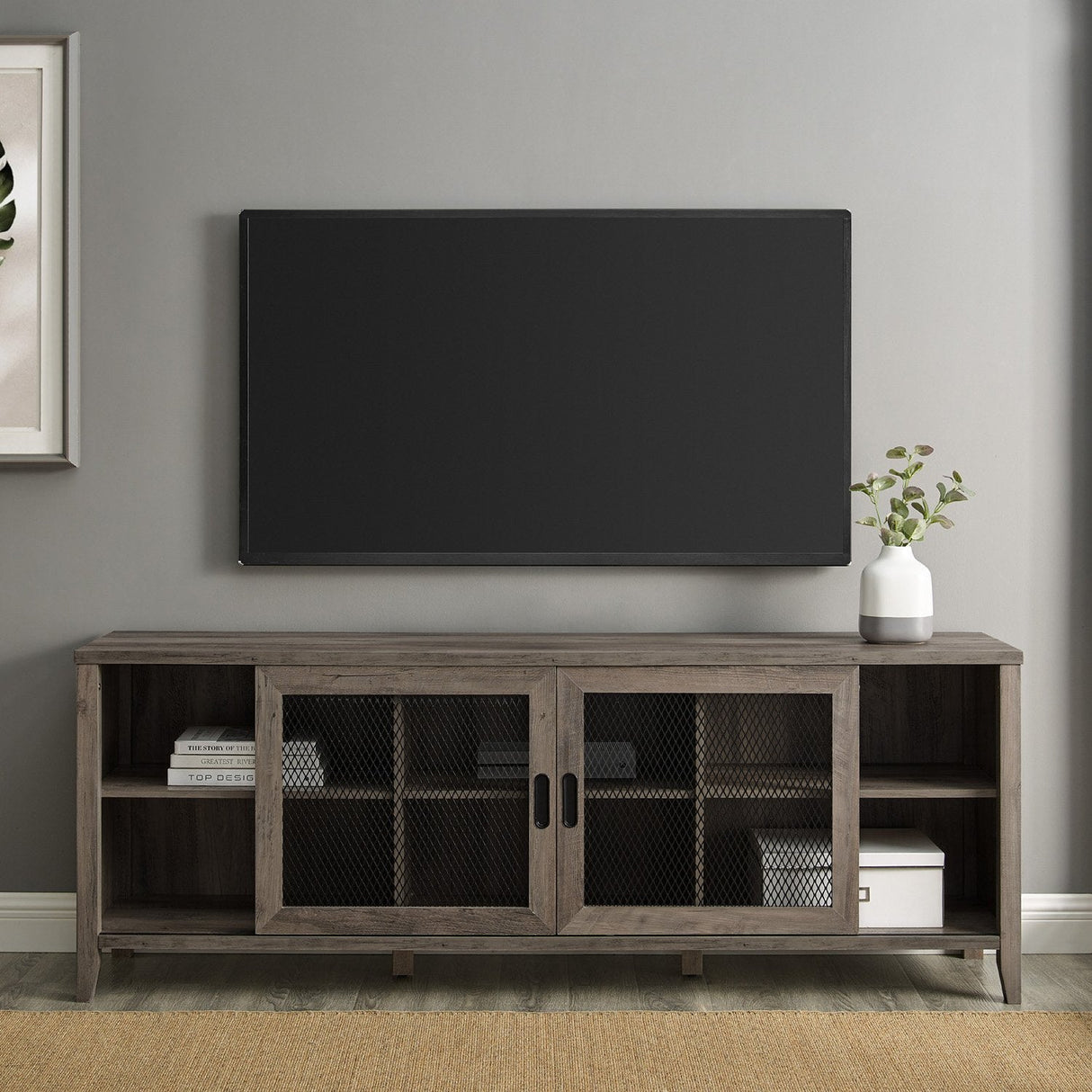 Arthur Industrial TV Stand with Sliding Mesh Door-Entertainment-Parc Decor