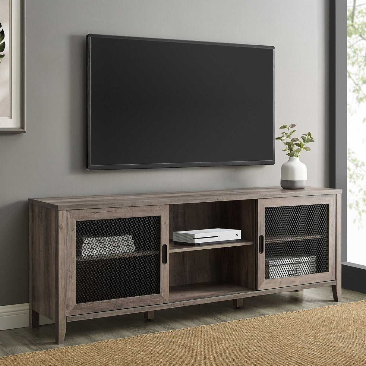 Arthur Industrial TV Stand with Sliding Mesh Door-Entertainment-Parc Decor