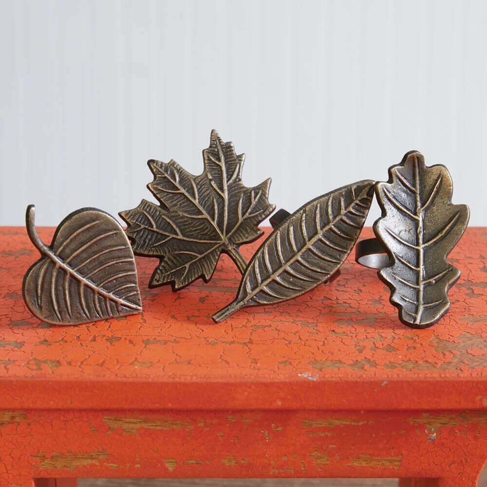 Assorted Fall Leaf Napkin Rings in Antique Brass (Set of 4)-Napkin Rings-Parc Decor