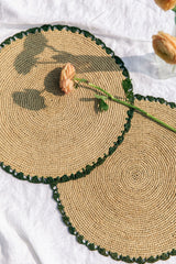 Aura Green edge placemat, Woven raffia tabletop-table top-Parc Decor