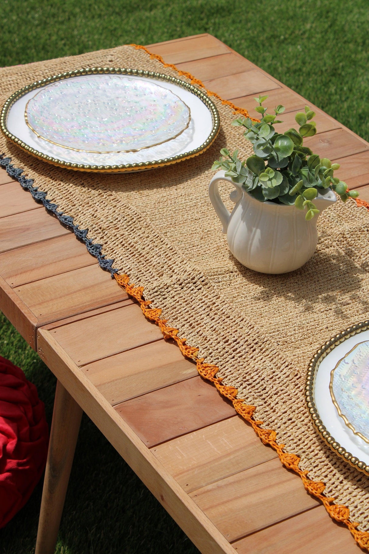 Aura Raffia table Runner, colorful edge tabletop-table tops-Parc Decor