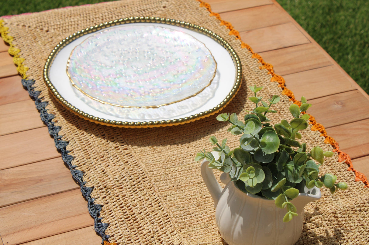 Aura Raffia table Runner, colorful edge tabletop-table tops-Parc Decor