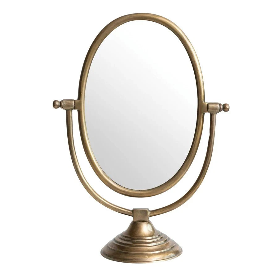 Austine Framed Mirror on Stand – Antique Brass Finish-Round and Oval Mirrors-Parc Decor