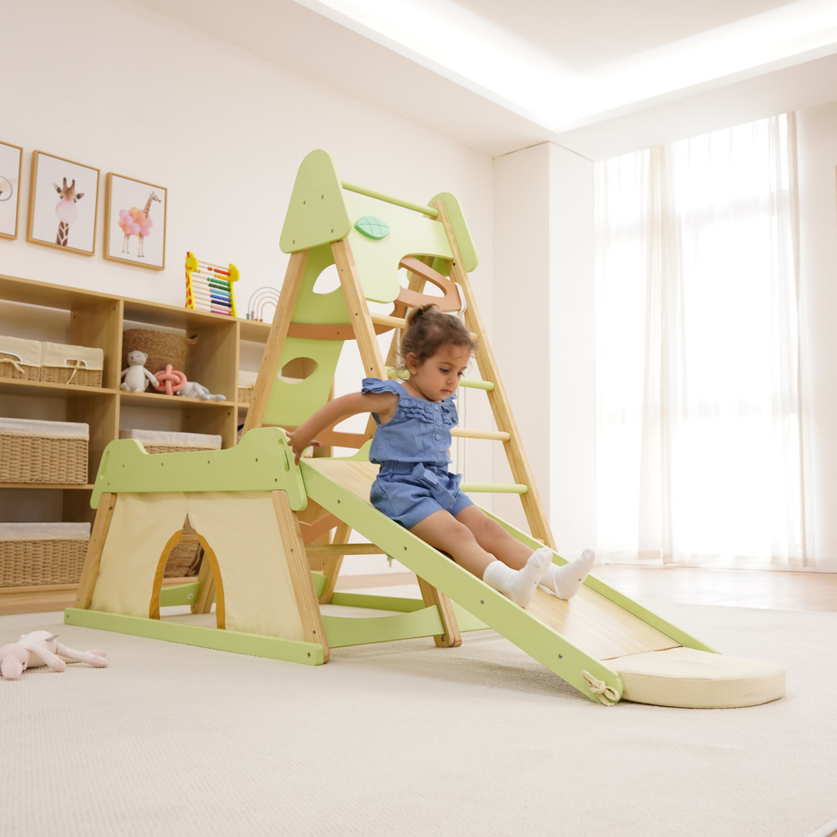 Avenlur Bush 6-in-1 Indoor Wooden Jungle Gym Climber – Montessori Toddler Playset with Slide, Rock Wall, Ladder & More