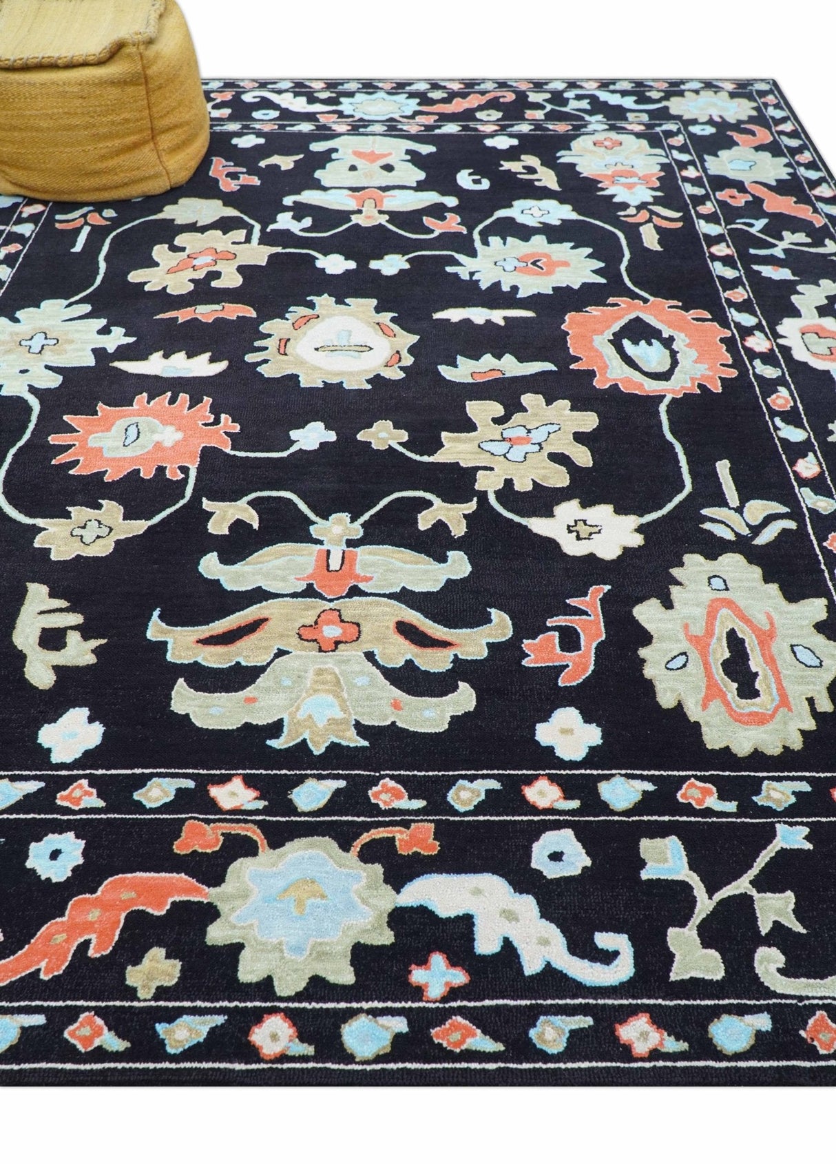 Azure Custom Made Traditional Oushak Black Hand Tufted Wool Rug