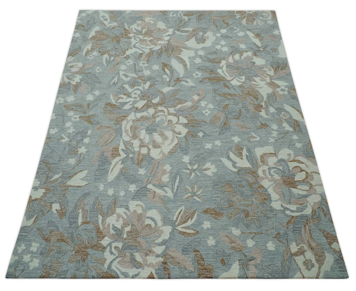 Beautiful Blue, Ivory and Olive Floral Design 8x10 Hand Tufted wool Rug