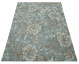 Beautiful Blue, Ivory and Olive Floral Design 8x10 Hand Tufted wool Rug
