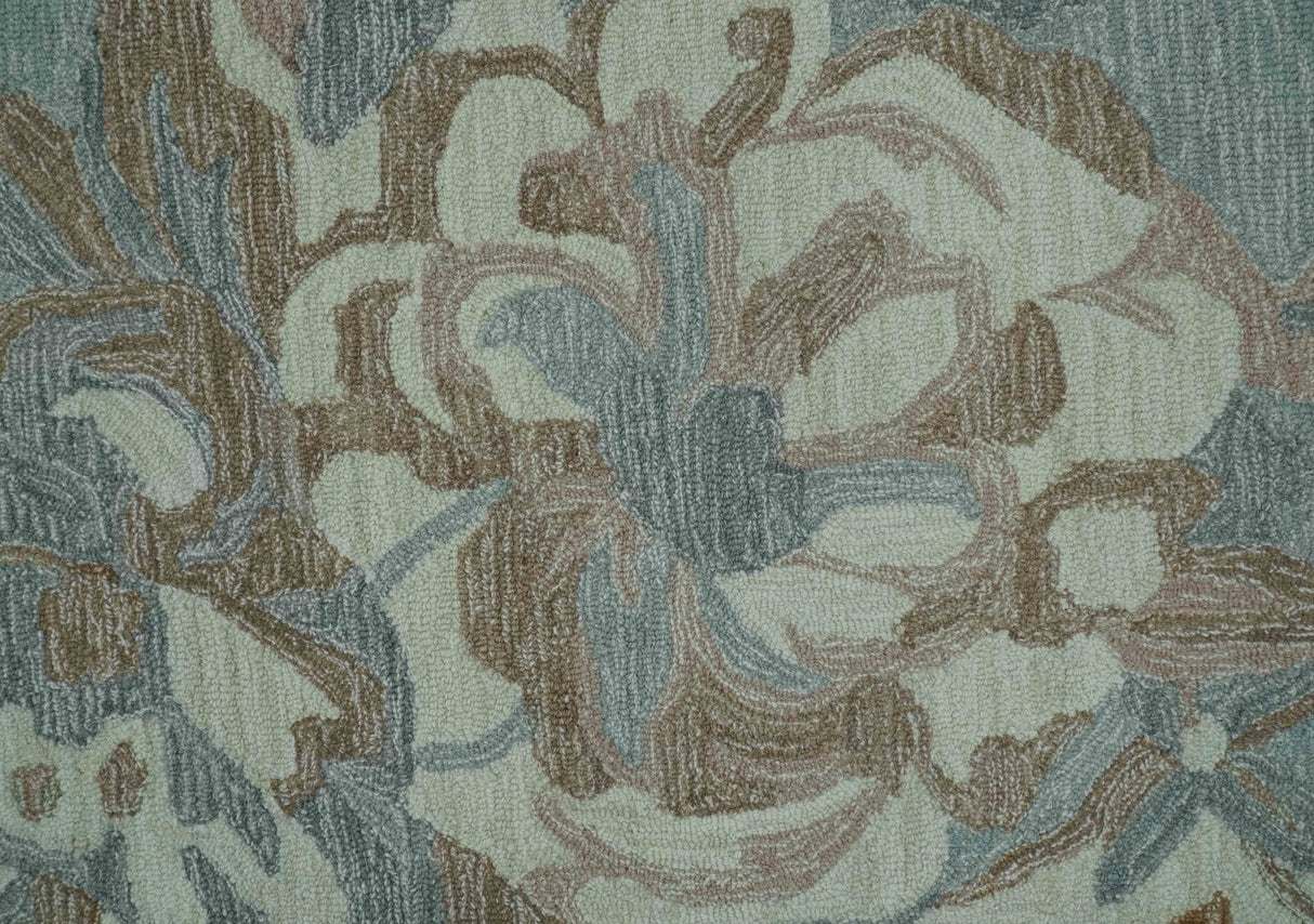 Beautiful Blue, Ivory and Olive Floral Design 8x10 Hand Tufted wool Rug