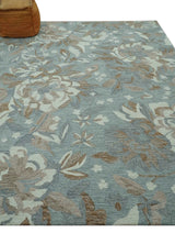 Beautiful Blue, Ivory and Olive Floral Design 8x10 Hand Tufted wool Rug