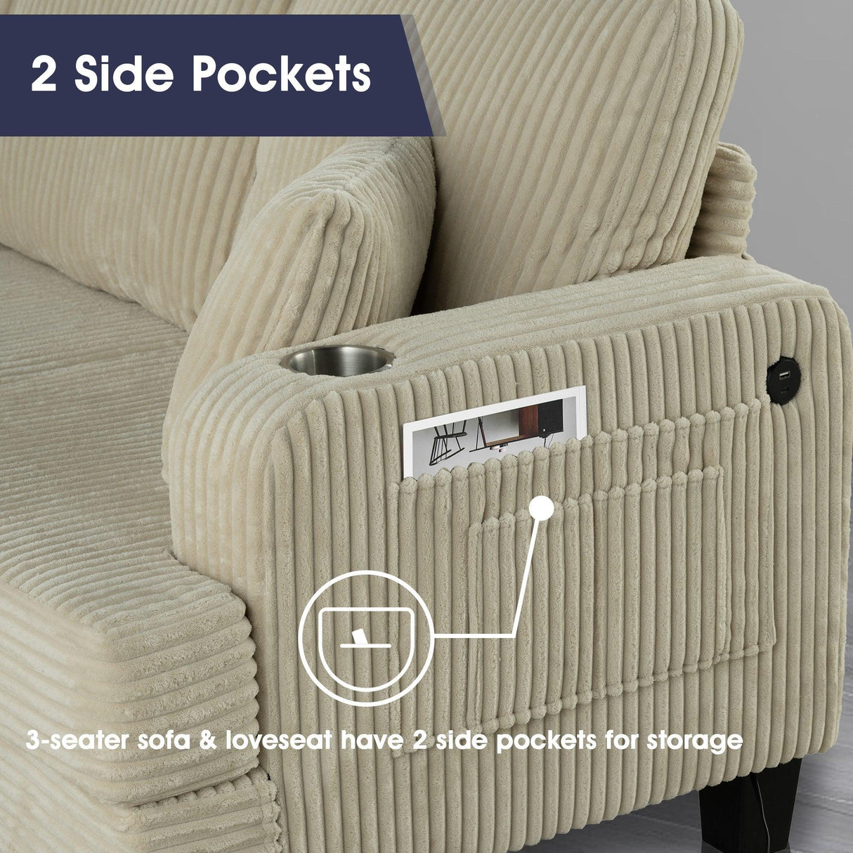 Beige 3 Piece Set Comfy Sofa Couch 3-Seater & Loveseat Sofa with Storage Ottoman with USB