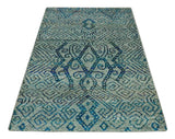 Beige and Blue 5x7.6 Large design Hand Knotted wool area rug