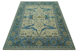 Beige and Blue Hand Knotted Oushak Custom Made wool Rug