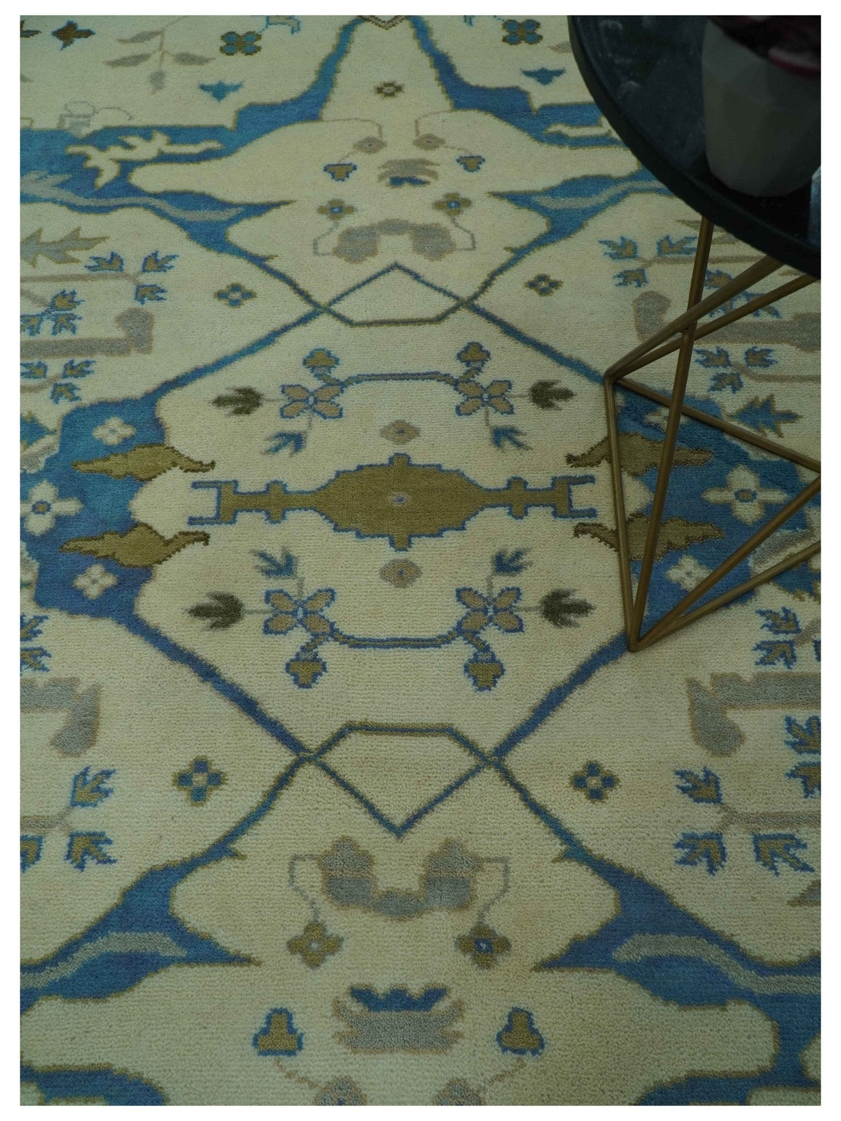 Beige and Blue Hand Knotted Oushak Custom Made wool Rug