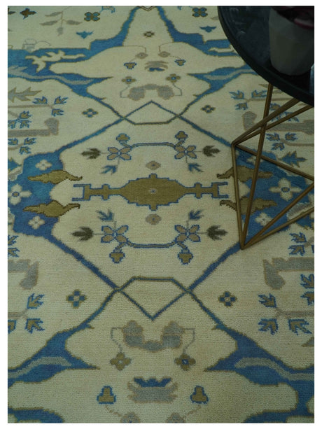 Beige and Blue Hand Knotted Oushak Custom Made wool Rug