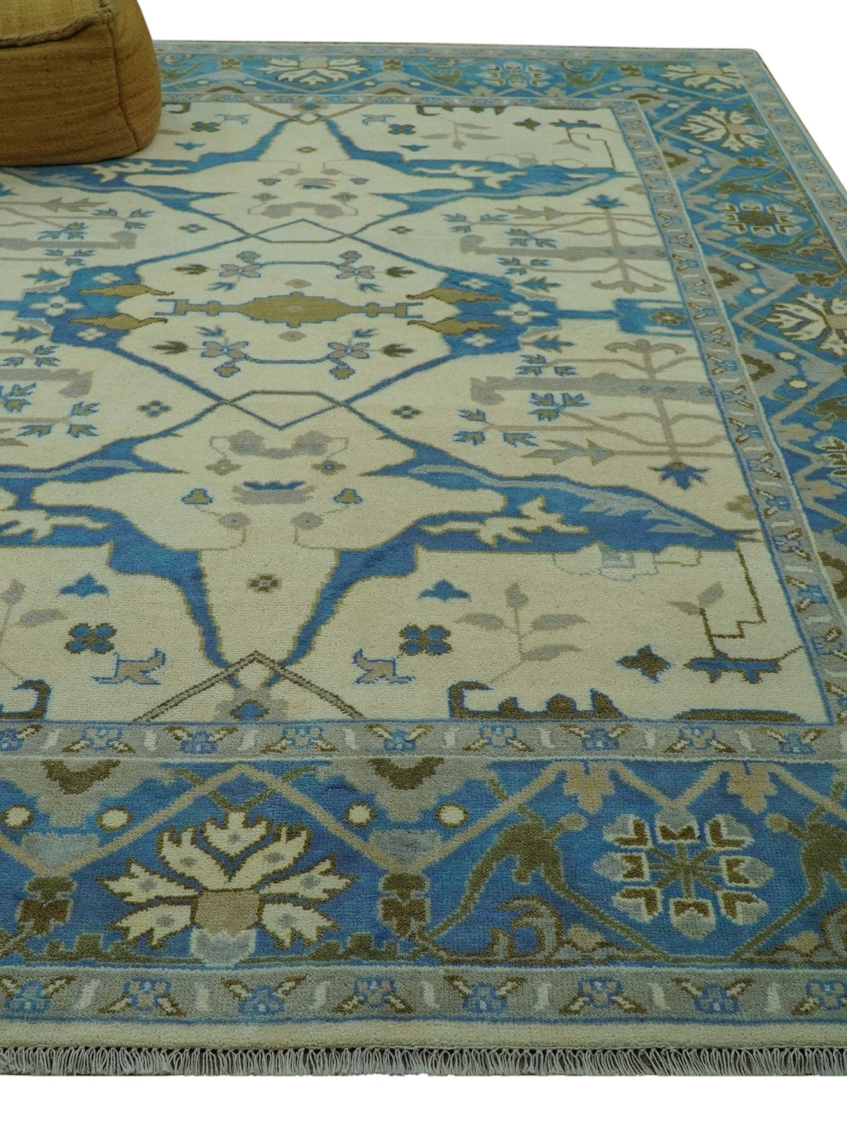 Beige and Blue Hand Knotted Oushak Custom Made wool Rug