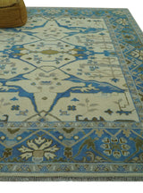 Beige and Blue Hand Knotted Oushak Custom Made wool Rug