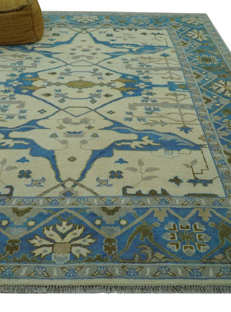 Beige and Blue Hand Knotted Oushak Custom Made wool Rug