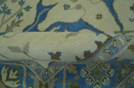 Beige and Blue Hand Knotted Oushak Custom Made wool Rug